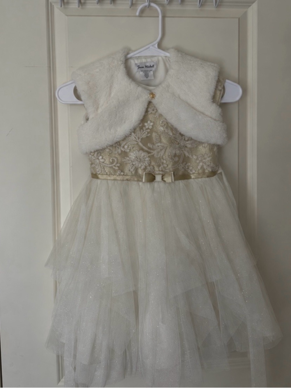 Jona Michelle Ivory and Gold Lace Tulle Party Dress with Faux Fur Bolero